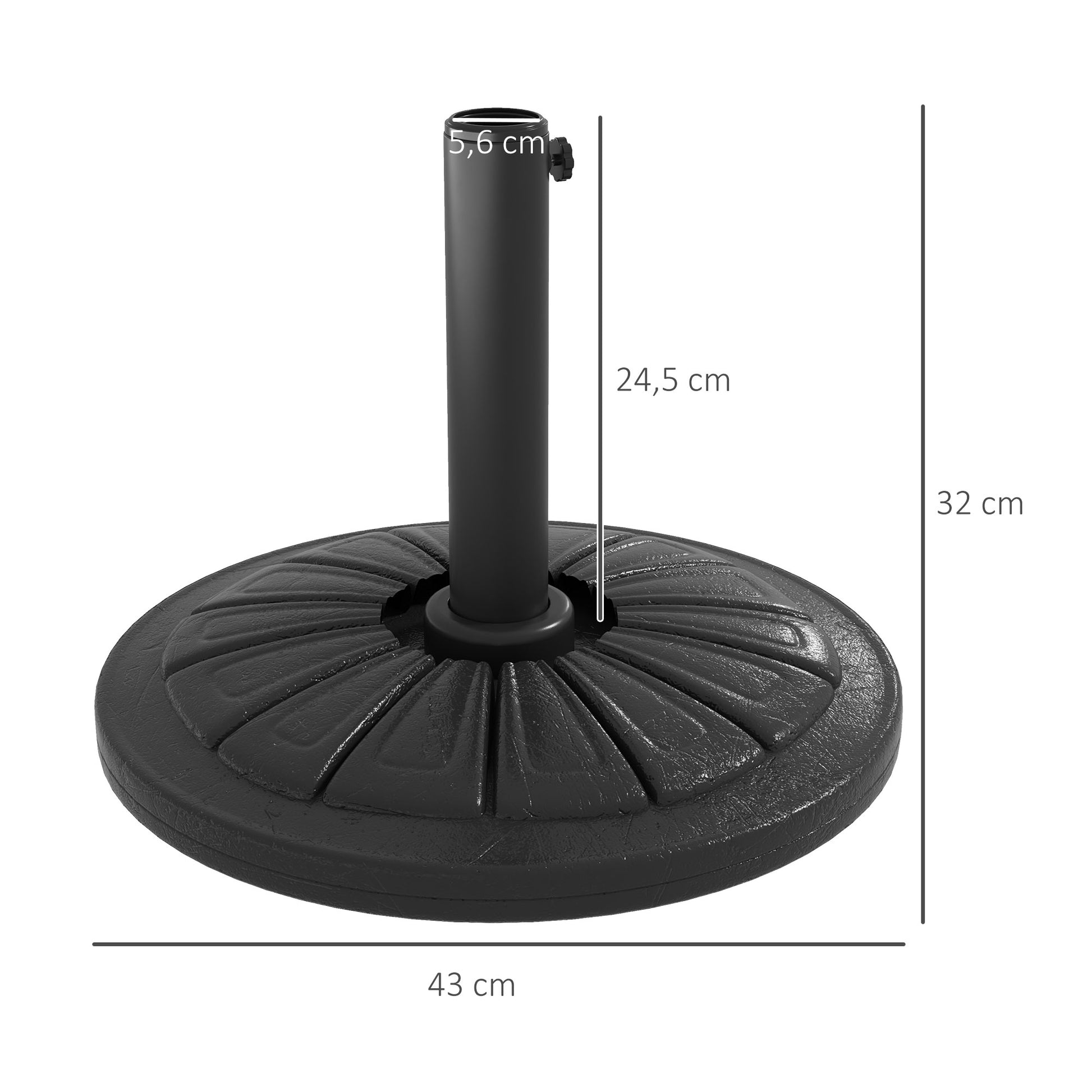Round Umbrella Base Stand for Sunshade with Fillable HDPE Cement Weight 13 kg for Ø38/48 mm Umbrella Pole Ø43x32 cm Black