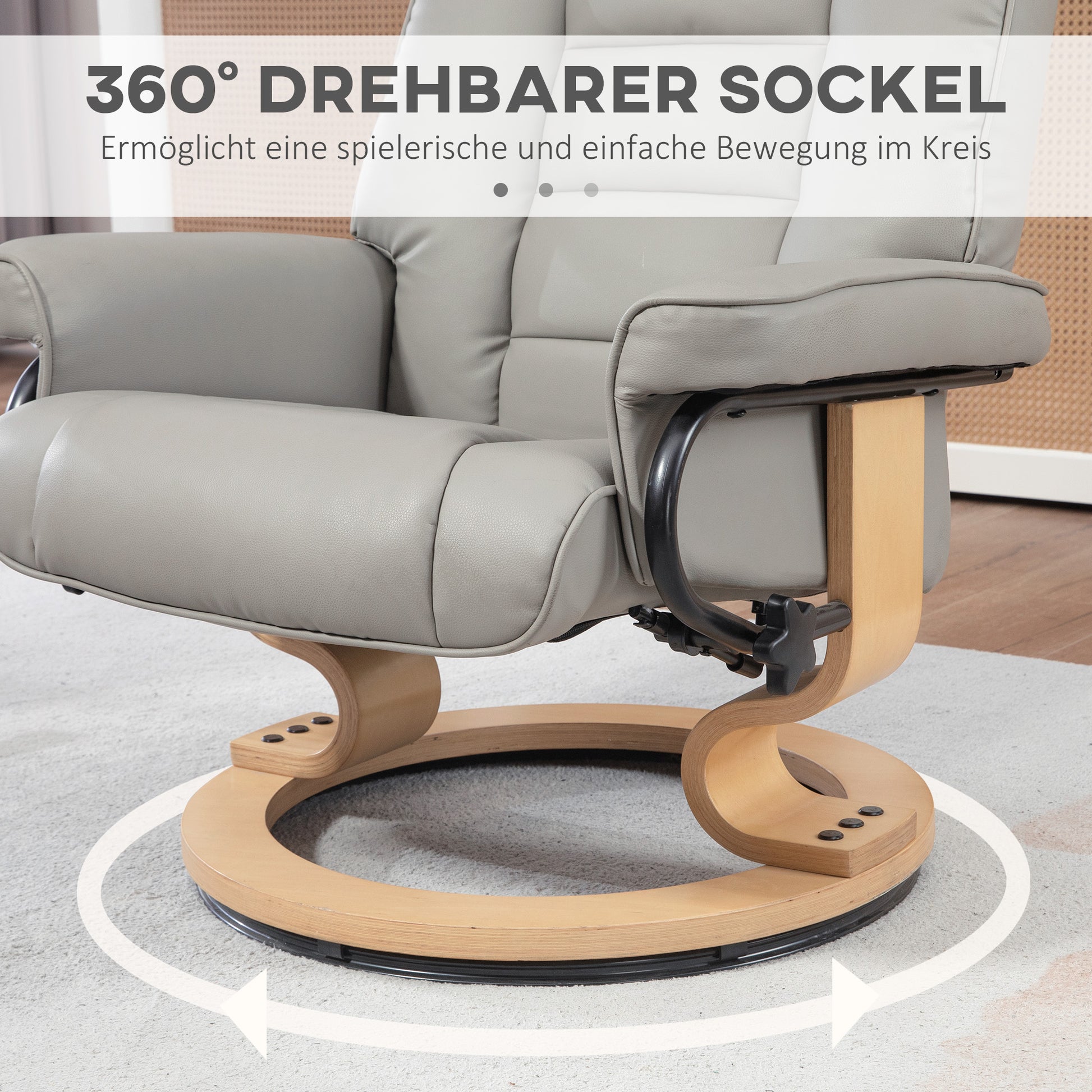 Reclining Chair with Ottoman, Swivel TV Chair with Reclining Function, TV Chair with Wooden Frame, up to 150 kg Capacity, for Living Room, Faux Leather, Gray