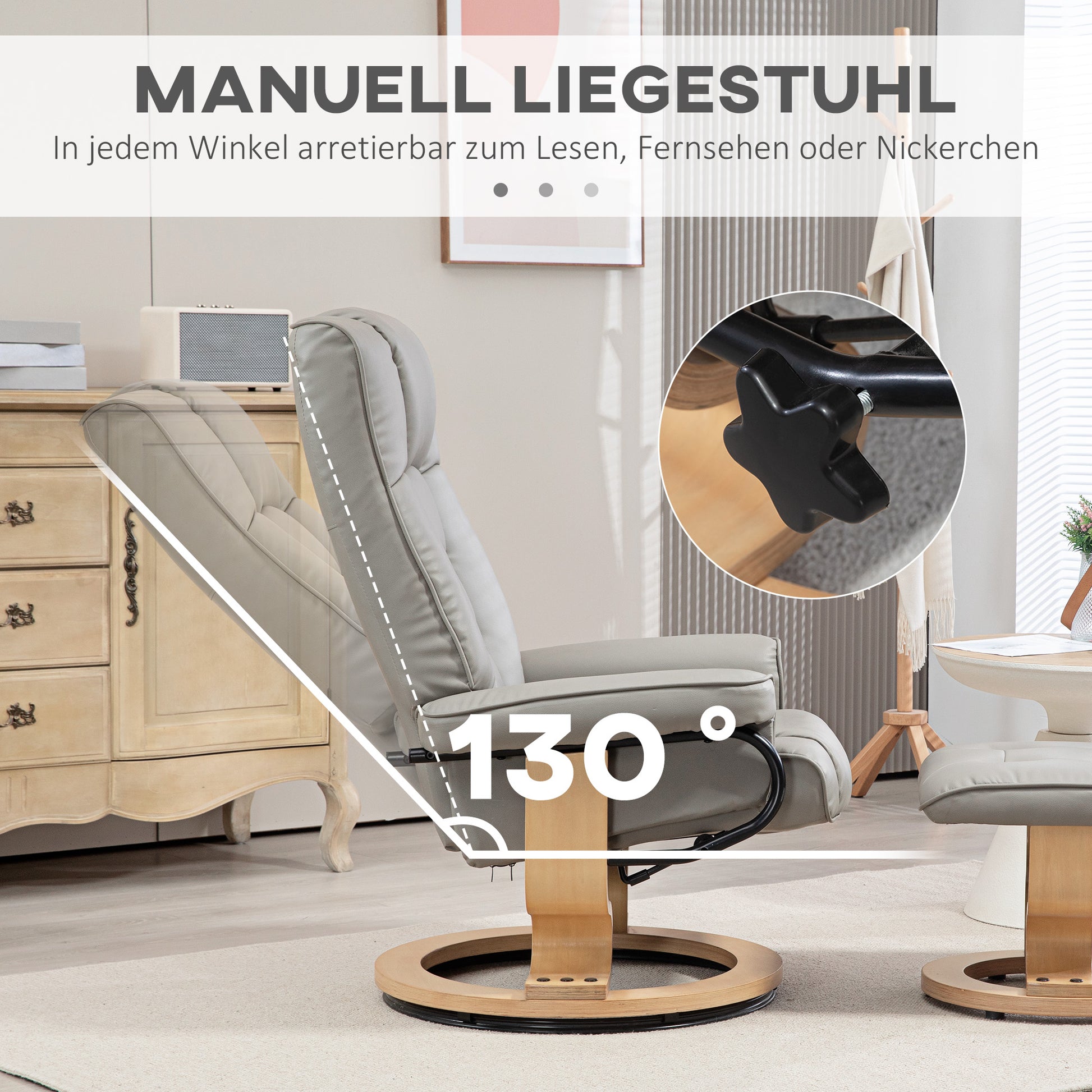 Reclining Chair with Ottoman, Swivel TV Chair with Reclining Function, TV Chair with Wooden Frame, up to 150 kg Capacity, for Living Room, Faux Leather, Gray