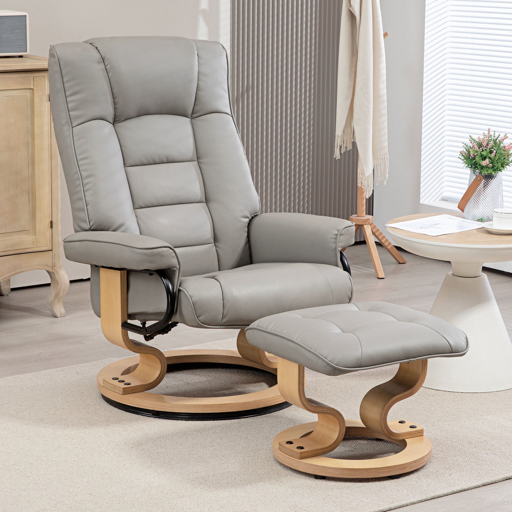 Reclining Chair with Ottoman, Swivel TV Chair with Reclining Function, TV Chair with Wooden Frame, up to 150 kg Capacity, for Living Room, Faux Leather, Gray