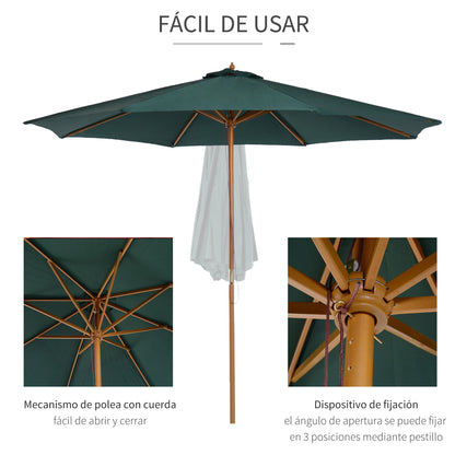 Umbrella Ø300x250 cm Parasol with Wooden Pole and Pulley System of 8 Ribs with Fixing for Garden Patio Terrace Green