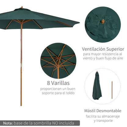 Umbrella Ø300x250 cm Parasol with Wooden Pole and Pulley System of 8 Ribs with Fixing for Garden Patio Terrace Green
