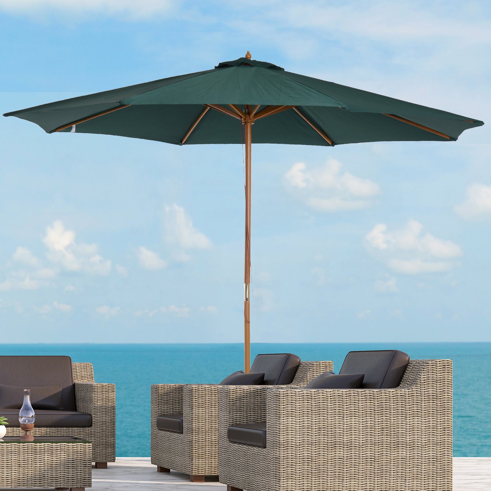 Umbrella Ø300x250 cm Parasol with Wooden Pole and Pulley System of 8 Ribs with Fixing for Garden Patio Terrace Green
