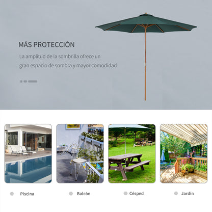 Umbrella Ø300x250 cm Parasol with Wooden Pole and Pulley System of 8 Ribs with Fixing for Garden Patio Terrace Green