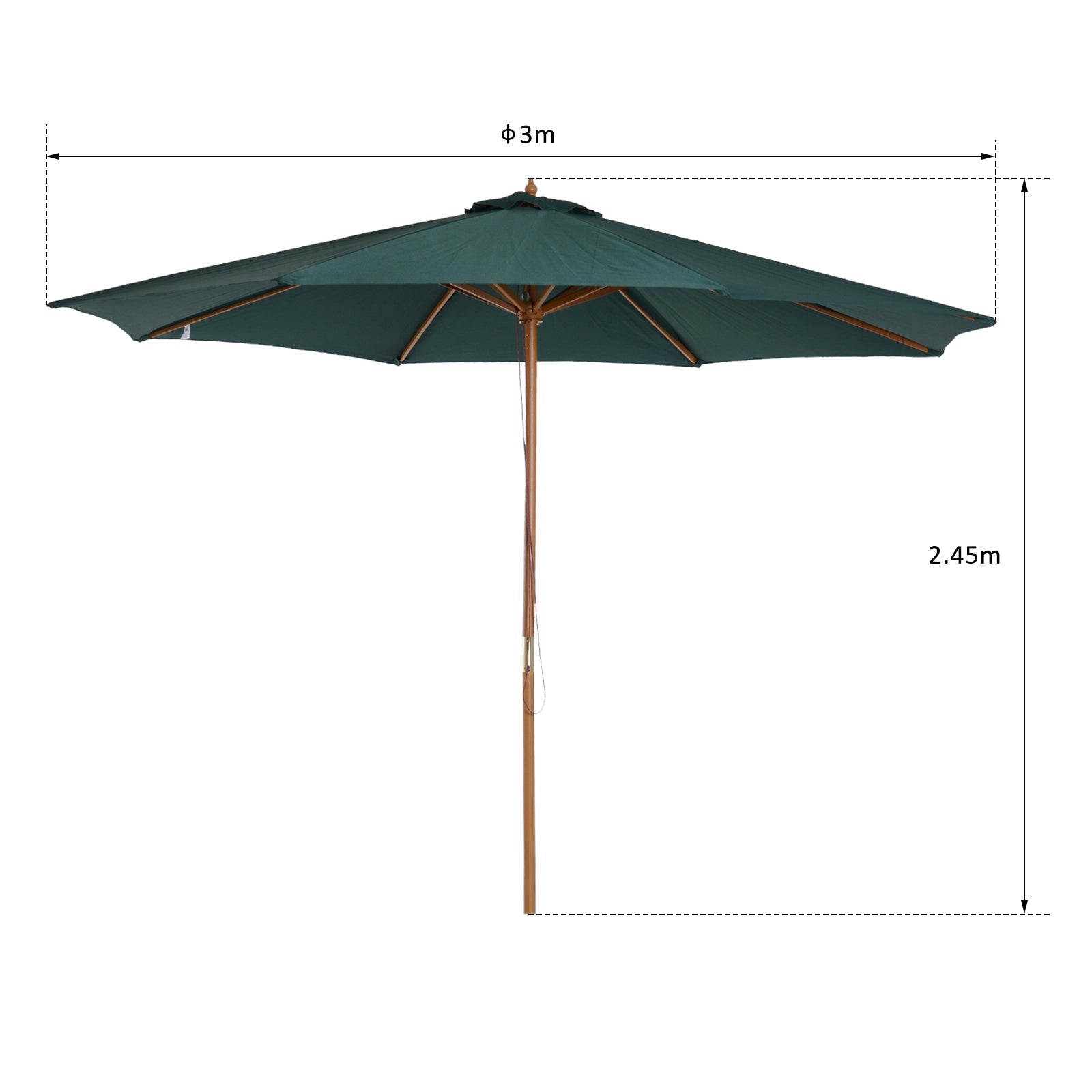 Umbrella Ø300x250 cm Parasol with Wooden Pole and Pulley System of 8 Ribs with Fixing for Garden Patio Terrace Green