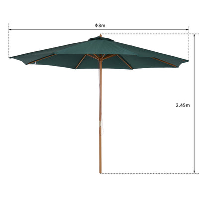 Umbrella Ø300x250 cm Parasol with Wooden Pole and Pulley System of 8 Ribs with Fixing for Garden Patio Terrace Green