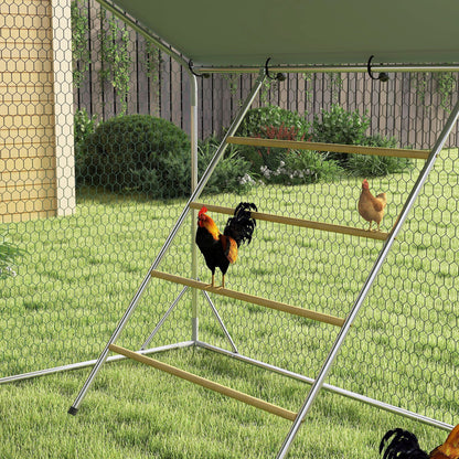 Chicken Coop Run made of Steel, 3 x 8 x 1.95m Chicken Cage with UV-Resistant Cover, Feeding Door, Hanging Feeder, Perch, Chicken Enclosure for 24-30 Chickens, Small Animals, Silver
