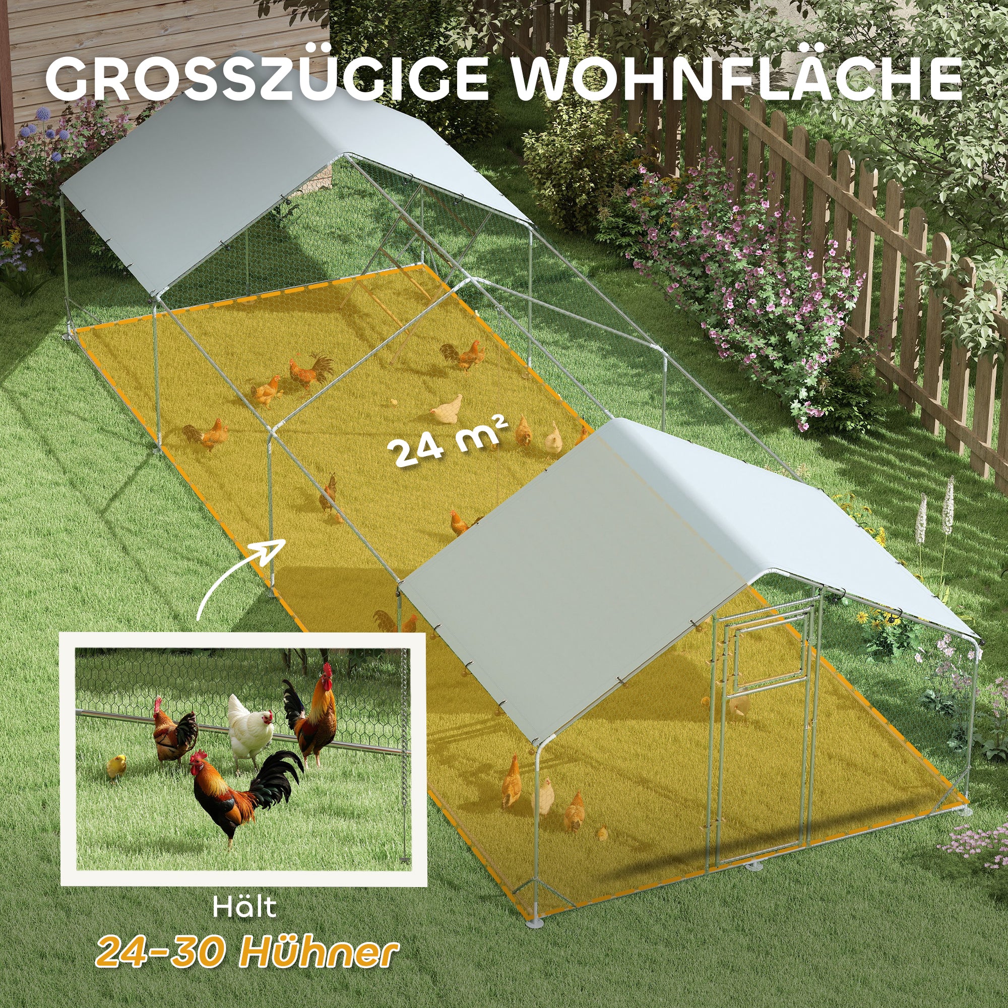 Chicken Coop Run made of Steel, 3 x 8 x 1.95m Chicken Cage with UV-Resistant Cover, Feeding Door, Hanging Feeder, Perch, Chicken Enclosure for 24-30 Chickens, Small Animals, Silver