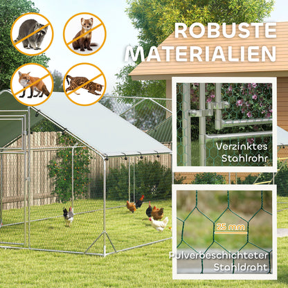 Chicken Coop Run made of Steel, 3 x 8 x 1.95m Chicken Cage with UV-Resistant Cover, Feeding Door, Hanging Feeder, Perch, Chicken Enclosure for 24-30 Chickens, Small Animals, Silver