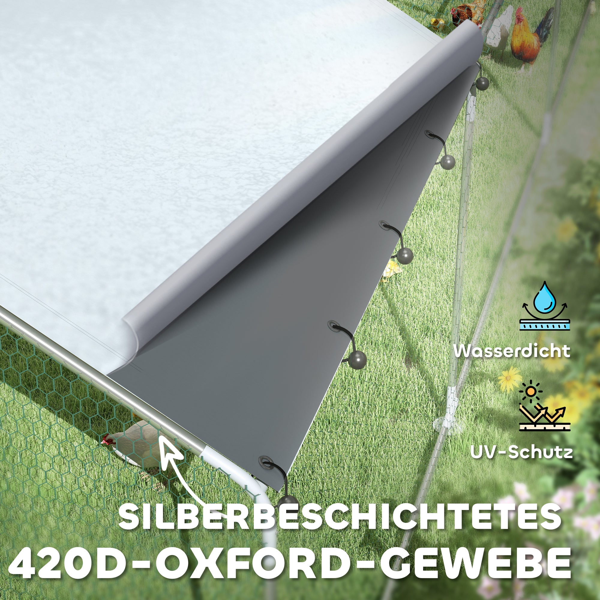 Chicken Coop Run made of Steel, 3 x 8 x 1.95m Chicken Cage with UV-Resistant Cover, Feeding Door, Hanging Feeder, Perch, Chicken Enclosure for 24-30 Chickens, Small Animals, Silver