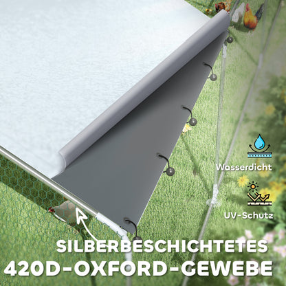 Chicken Coop Run made of Steel, 3 x 8 x 1.95m Chicken Cage with UV-Resistant Cover, Feeding Door, Hanging Feeder, Perch, Chicken Enclosure for 24-30 Chickens, Small Animals, Silver