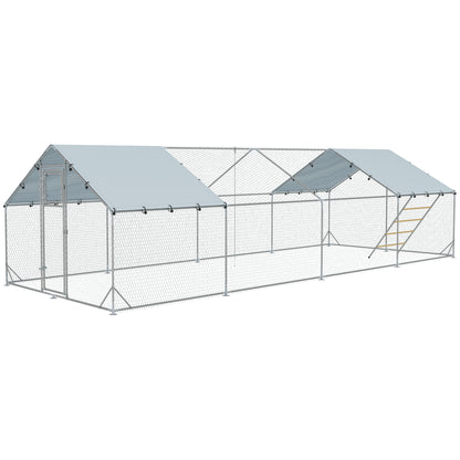 Chicken Coop Run made of Steel, 3 x 8 x 1.95m Chicken Cage with UV-Resistant Cover, Feeding Door, Hanging Feeder, Perch, Chicken Enclosure for 24-30 Chickens, Small Animals, Silver