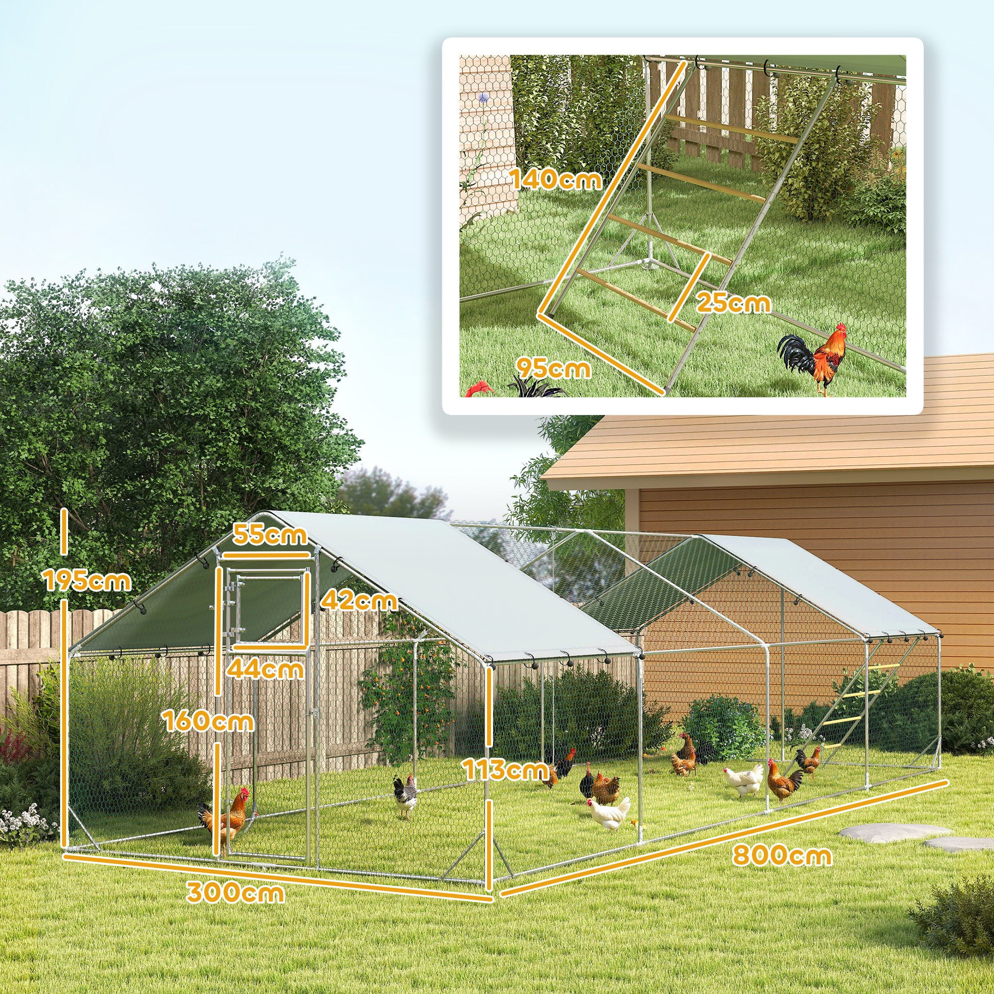 Chicken Coop Run made of Steel, 3 x 8 x 1.95m Chicken Cage with UV-Resistant Cover, Feeding Door, Hanging Feeder, Perch, Chicken Enclosure for 24-30 Chickens, Small Animals, Silver
