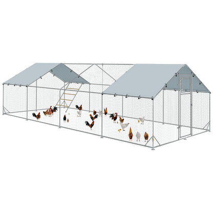 Chicken Coop Run made of Steel, 3 x 8 x 1.95m Chicken Cage with UV-Resistant Cover, Feeding Door, Hanging Feeder, Perch, Chicken Enclosure for 24-30 Chickens, Small Animals, Silver