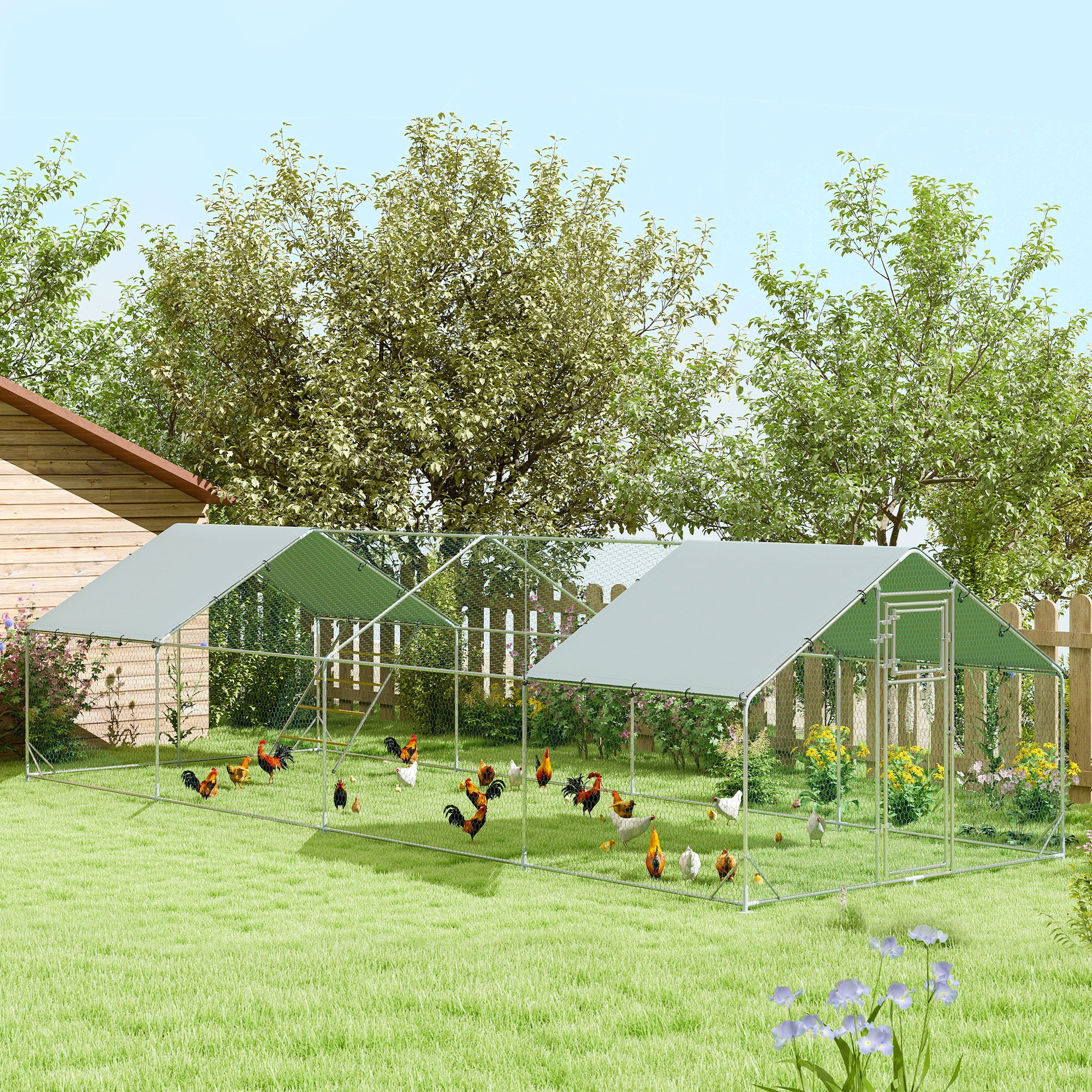 Chicken Coop Run made of Steel, 3 x 8 x 1.95m Chicken Cage with UV-Resistant Cover, Feeding Door, Hanging Feeder, Perch, Chicken Enclosure for 24-30 Chickens, Small Animals, Silver