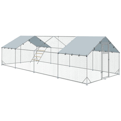 Chicken Coop Run made of Steel, 3 x 8 x 1.95m Chicken Cage with UV-Resistant Cover, Feeding Door, Hanging Feeder, Perch, Chicken Enclosure for 24-30 Chickens, Small Animals, Silver
