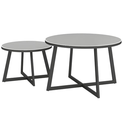 2-Piece Stackable Side Table Set Garden Table Round Weatherproof Balcony Table with X-Legs Glass Top Steel Camping Table Coffee Table for Living Room Office Outdoor Indoor Black+Gray