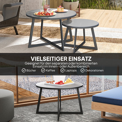 2-Piece Stackable Side Table Set Garden Table Round Weatherproof Balcony Table with X-Legs Glass Top Steel Camping Table Coffee Table for Living Room Office Outdoor Indoor Black+Gray