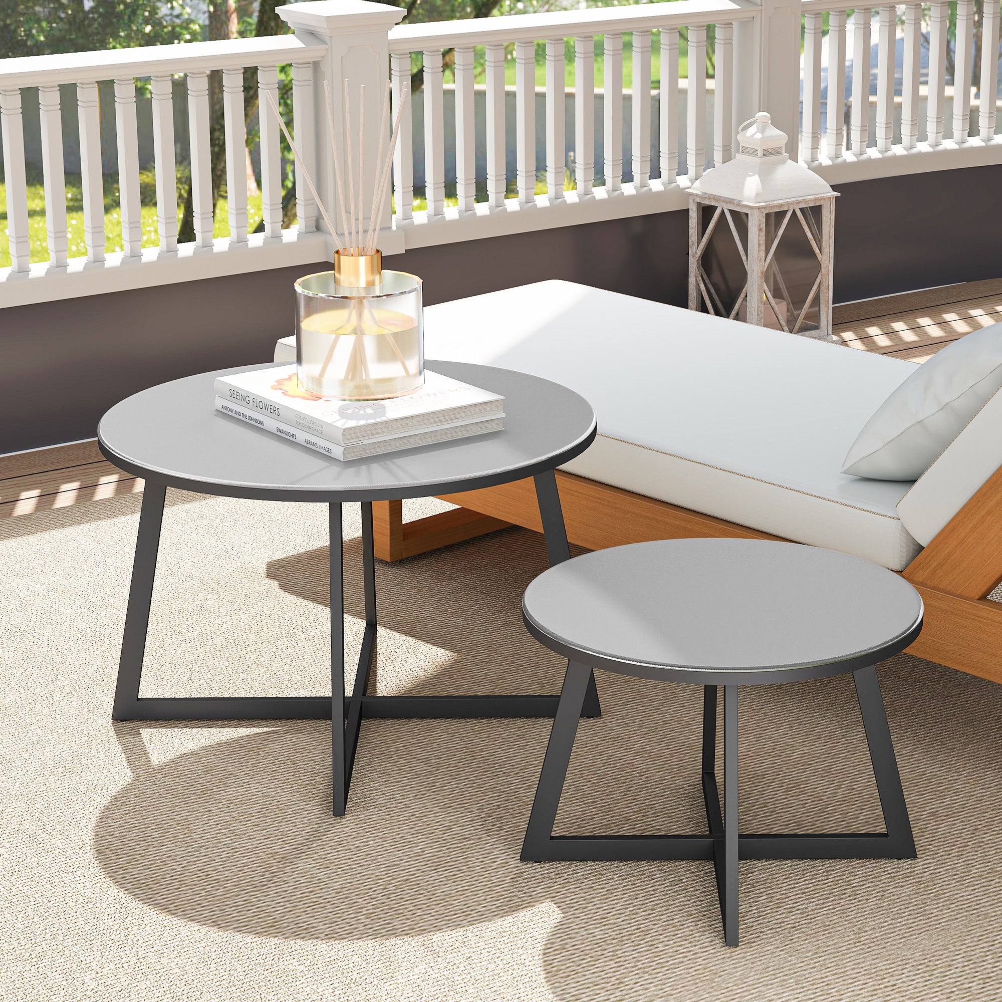 2-Piece Stackable Side Table Set Garden Table Round Weatherproof Balcony Table with X-Legs Glass Top Steel Camping Table Coffee Table for Living Room Office Outdoor Indoor Black+Gray