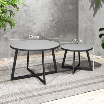 2-Piece Stackable Side Table Set Garden Table Round Weatherproof Balcony Table with X-Legs Glass Top Steel Camping Table Coffee Table for Living Room Office Outdoor Indoor Black+Gray