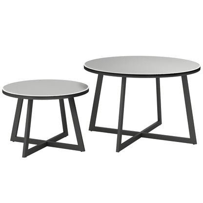 2-Piece Stackable Side Table Set Garden Table Round Weatherproof Balcony Table with X-Legs Glass Top Steel Camping Table Coffee Table for Living Room Office Outdoor Indoor Black+Gray