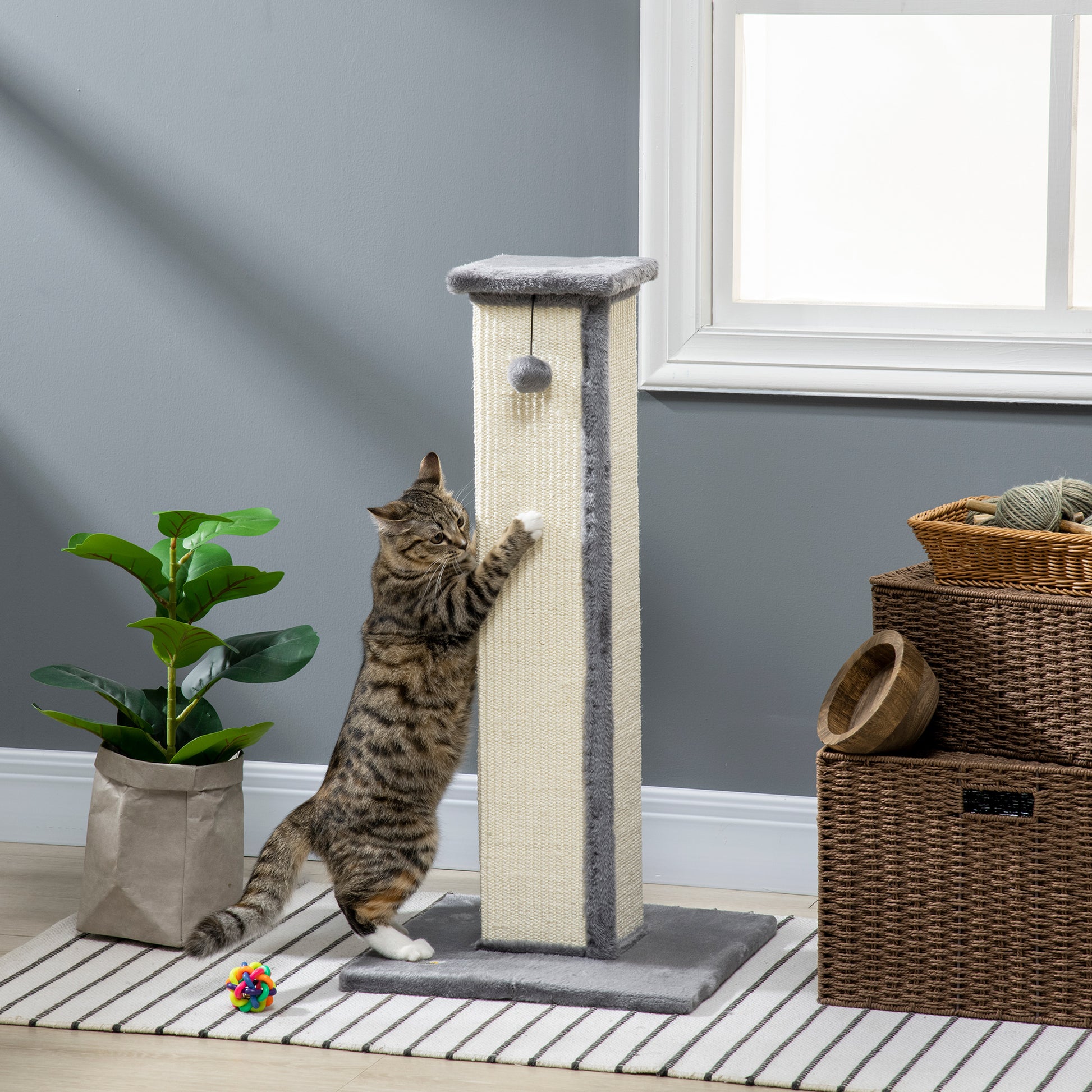 Scratching Post, 81cm Scratching Column, Sisal Cat Scratching Tree with Play Ball, Cat Scratching Furniture for Cats up to 5 kg, Indoor, Gray, Cream