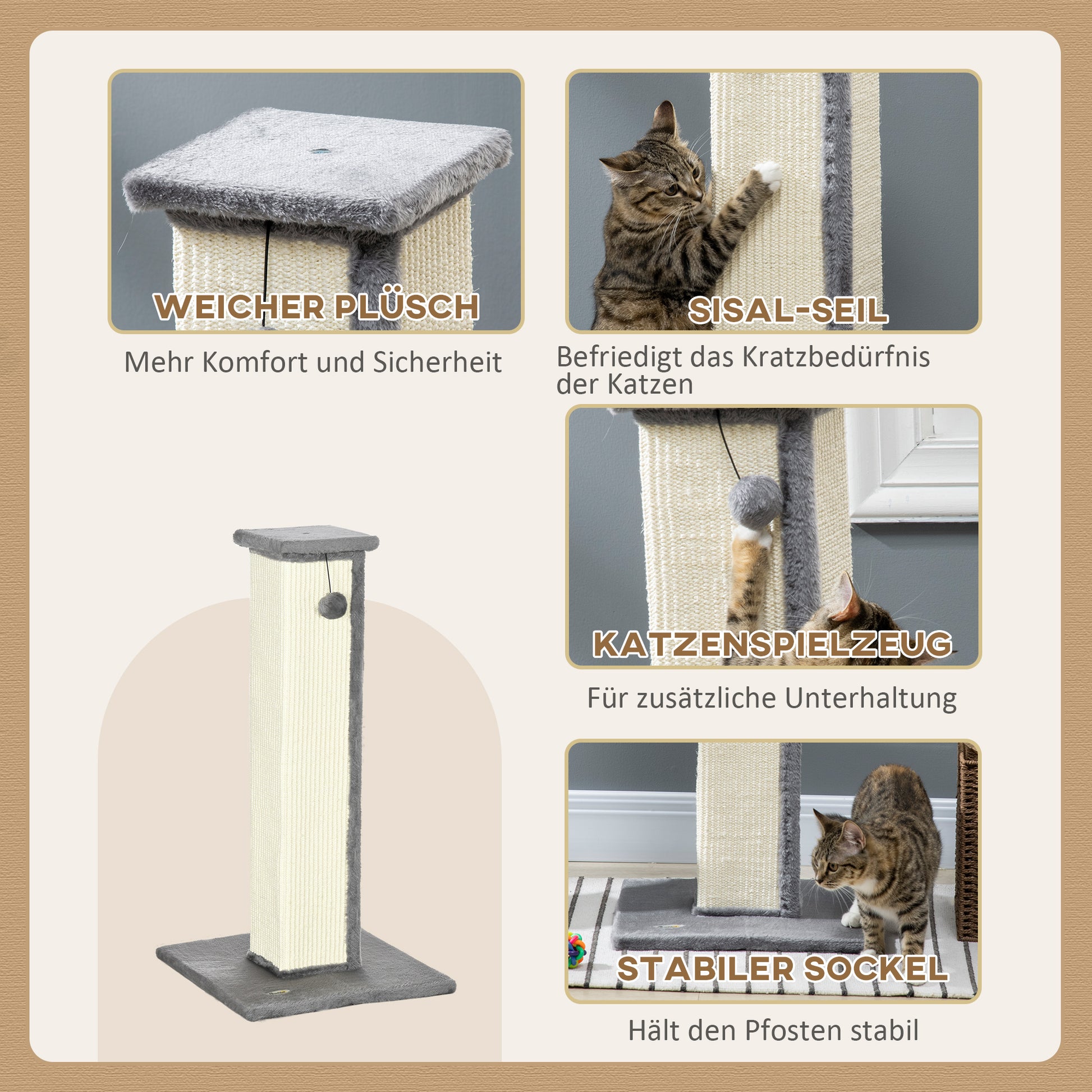 Scratching Post, 81cm Scratching Column, Sisal Cat Scratching Tree with Play Ball, Cat Scratching Furniture for Cats up to 5 kg, Indoor, Gray, Cream