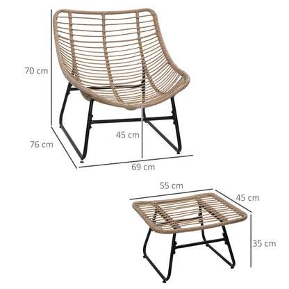 Garden Armchair with Epoxy Metal Frame and Resin Wicker Footstool with Plush Cushions - Natural