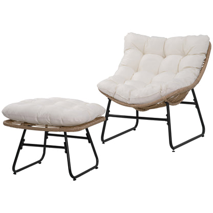 Garden Armchair with Epoxy Metal Frame and Resin Wicker Footstool with Plush Cushions - Natural