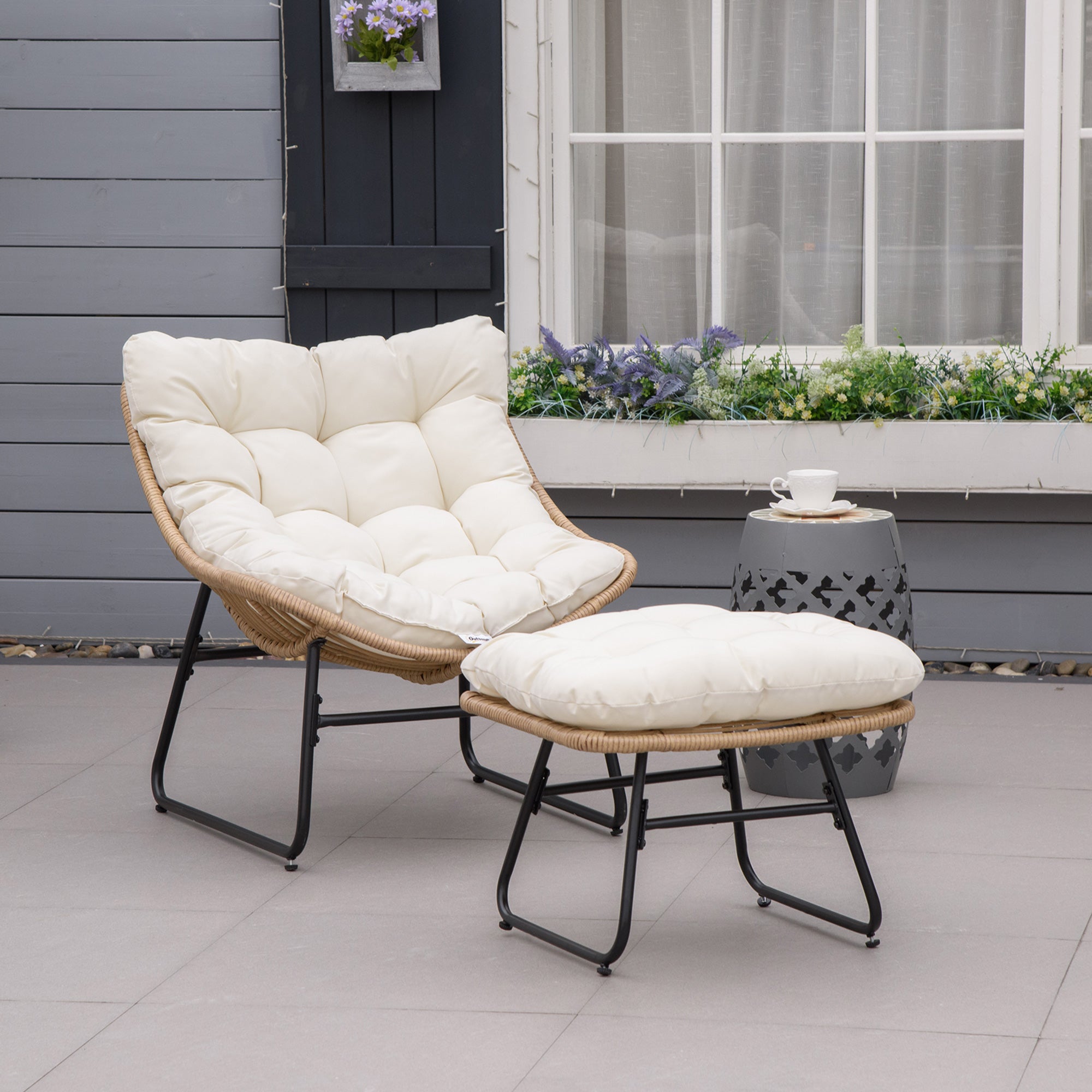 Garden Armchair with Epoxy Metal Frame and Resin Wicker Footstool with Plush Cushions - Natural