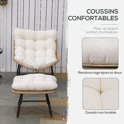 Garden Armchair with Epoxy Metal Frame and Resin Wicker Footstool with Plush Cushions - Natural