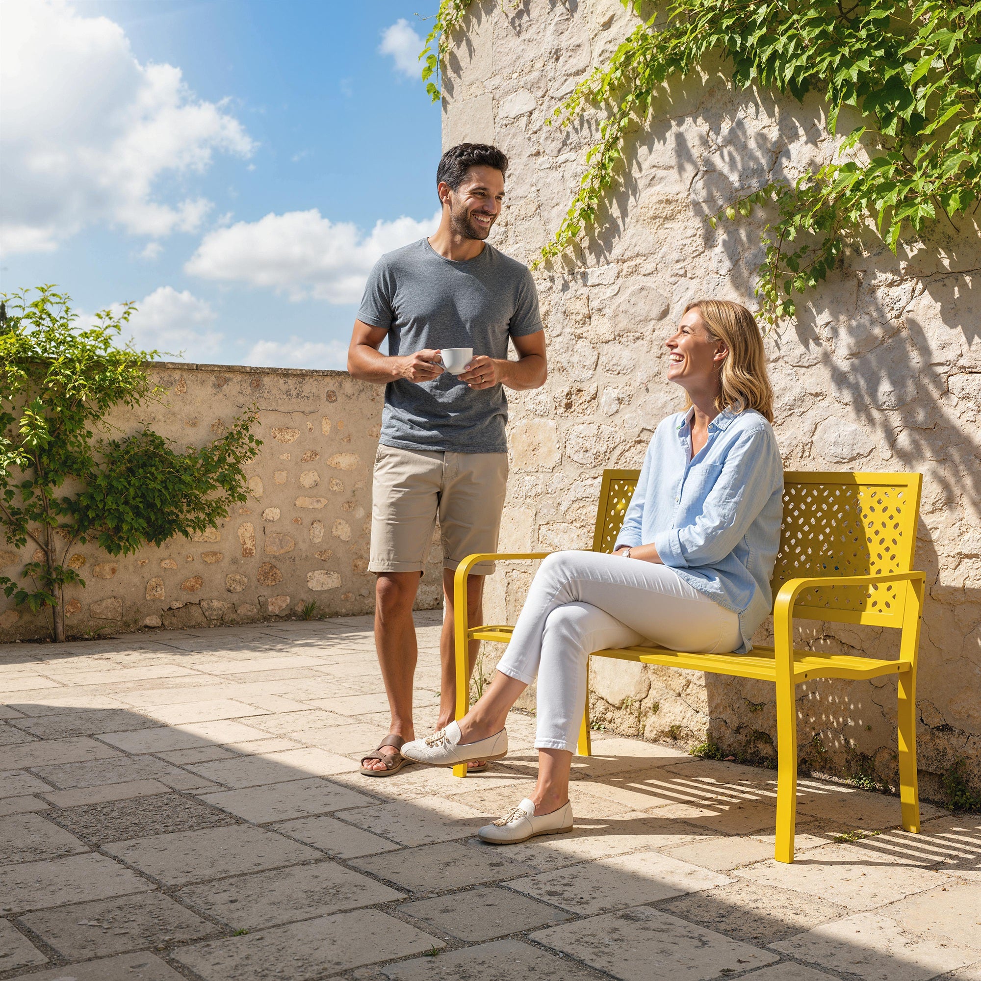 2-Seater Metal Garden Bench — Weatherproof Outdoor Seat with Rust-Resistant Slatted Back, Geometric Design, 127 x 61 x 85 cm (50 x 24 x 33.5 in), Yellow