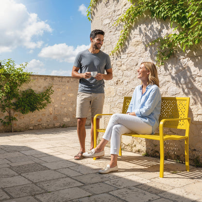2-Seater Metal Garden Bench — Weatherproof Outdoor Seat with Rust-Resistant Slatted Back, Geometric Design, 127 x 61 x 85 cm (50 x 24 x 33.5 in), Yellow
