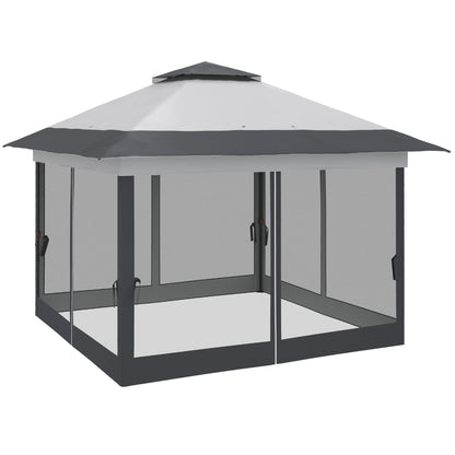 Outdoor Garden Gazebo Folding Gazebo 3.6x3.6m with Double Roof Steel Polyester Mosquito Nets + Wheeled Carrying Bag Gray