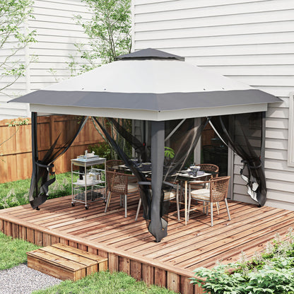 Outdoor Garden Gazebo Folding Gazebo 3.6x3.6m with Double Roof Steel Polyester Mosquito Nets + Wheeled Carrying Bag Gray