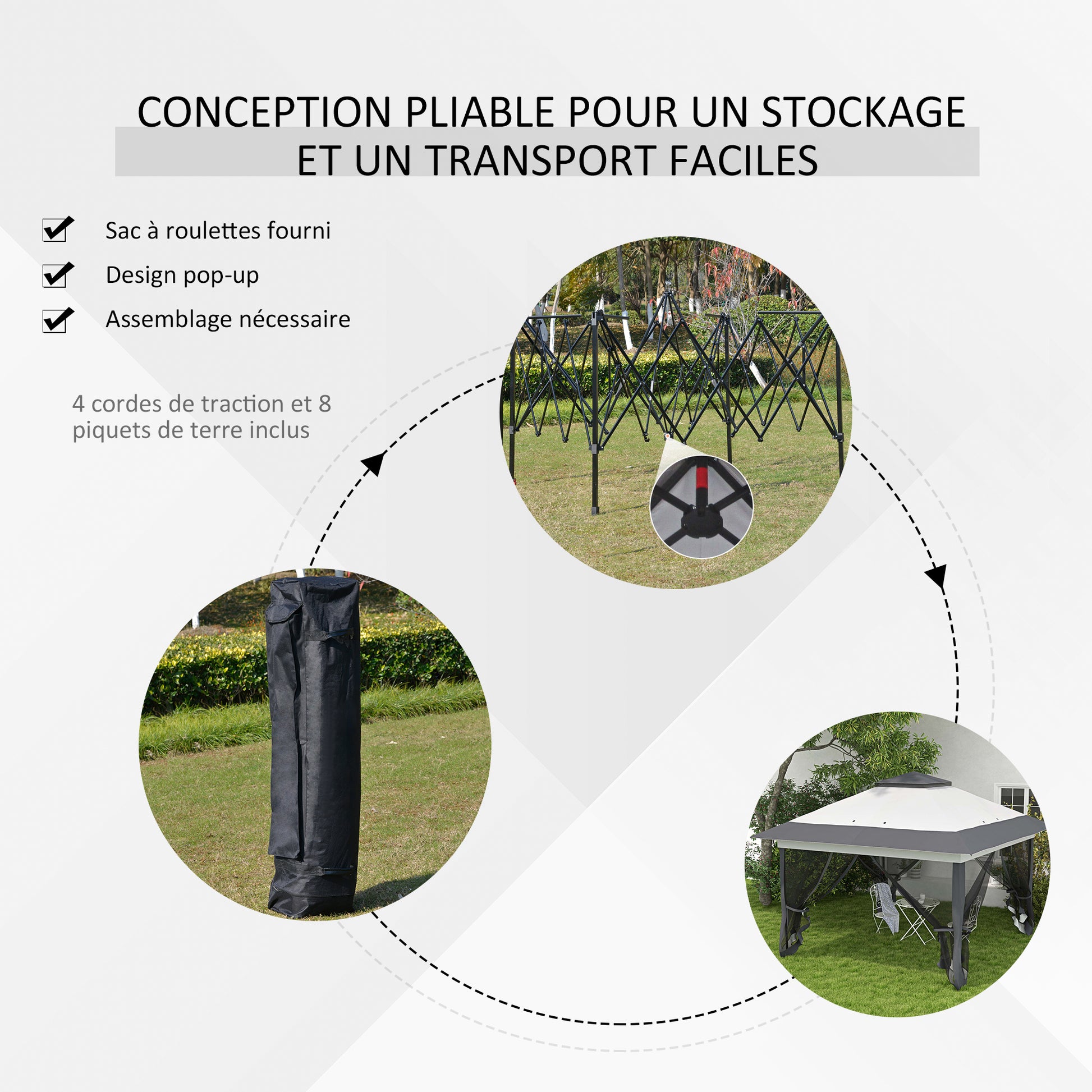 Outdoor Garden Gazebo Folding Gazebo 3.6x3.6m with Double Roof Steel Polyester Mosquito Nets + Wheeled Carrying Bag Gray