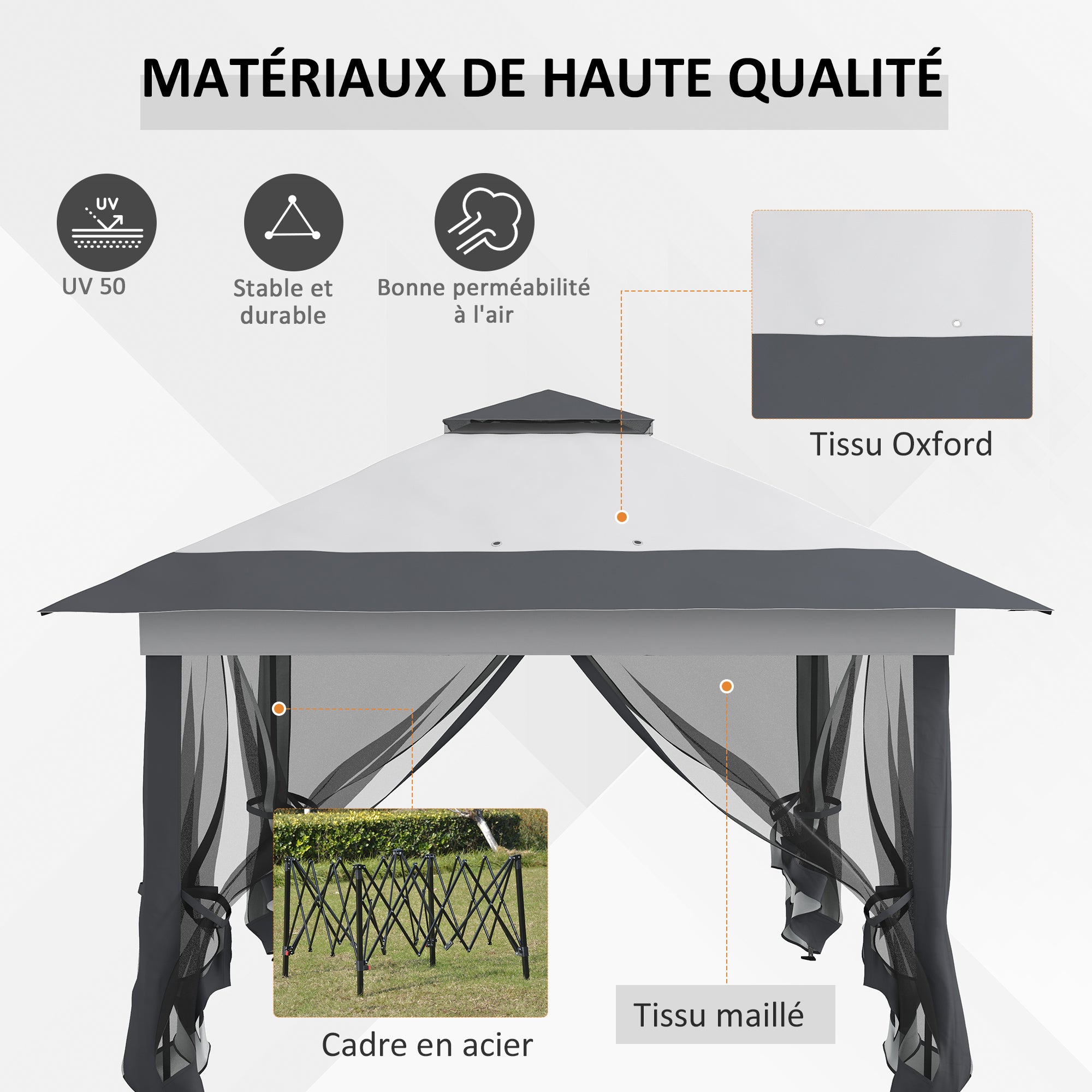 Outdoor Garden Gazebo Folding Gazebo 3.6x3.6m with Double Roof Steel Polyester Mosquito Nets + Wheeled Carrying Bag Gray