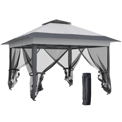 Outdoor Garden Gazebo Folding Gazebo 3.6x3.6m with Double Roof Steel Polyester Mosquito Nets + Wheeled Carrying Bag Gray