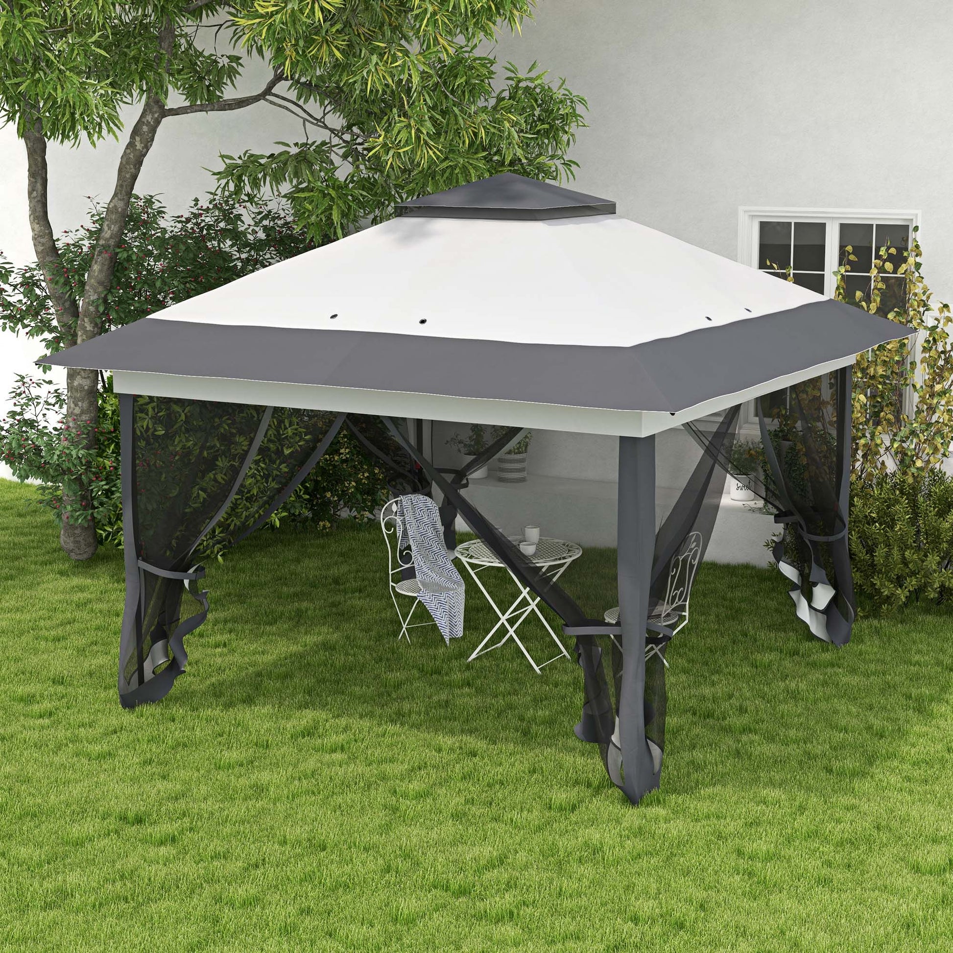 Outdoor Garden Gazebo Folding Gazebo 3.6x3.6m with Double Roof Steel Polyester Mosquito Nets + Wheeled Carrying Bag Gray