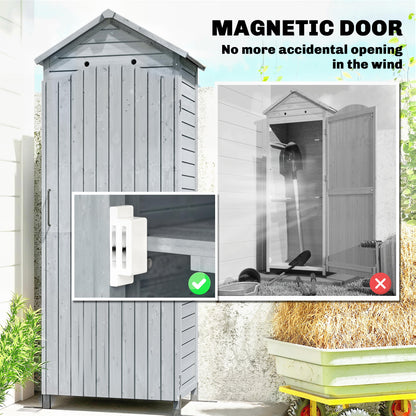 Extra-Tall Wooden Garden Storage Shed with Adjustable Shelves, Magnetic Door, Galvanized Roof, Ventilation & Anti-Tip Kit, 85 x 58 x 213 cm (33.5 x 22.8 x 84 in) – Gray