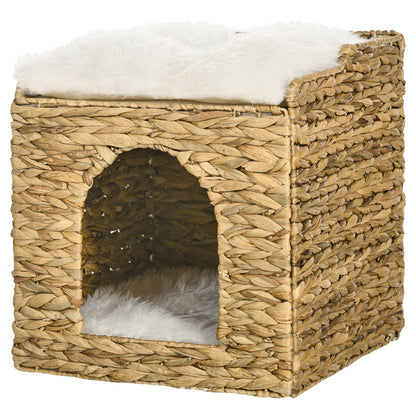 Rattan Cat House, Cat Cave with Cushion, Cat Cottage with 2 Levels, Cat Bed, Cat Basket for Cats up to 5 kg, Water Hyacinth Grass, 37.5 x 37.5 x 41.5 cm, Brown