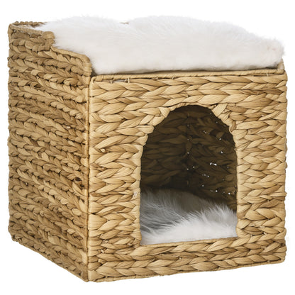 Rattan Cat House, Cat Cave with Cushion, Cat Cottage with 2 Levels, Cat Bed, Cat Basket for Cats up to 5 kg, Water Hyacinth Grass, 37.5 x 37.5 x 41.5 cm, Brown