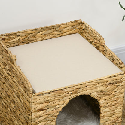 Rattan Cat House, Cat Cave with Cushion, Cat Cottage with 2 Levels, Cat Bed, Cat Basket for Cats up to 5 kg, Water Hyacinth Grass, 37.5 x 37.5 x 41.5 cm, Brown