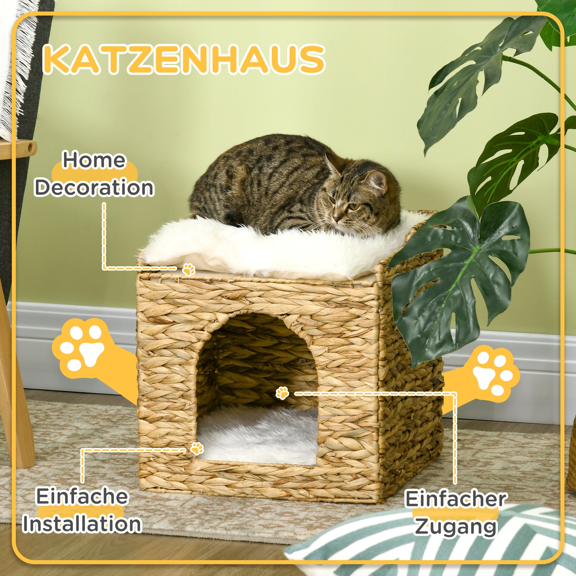 Rattan Cat House, Cat Cave with Cushion, Cat Cottage with 2 Levels, Cat Bed, Cat Basket for Cats up to 5 kg, Water Hyacinth Grass, 37.5 x 37.5 x 41.5 cm, Brown