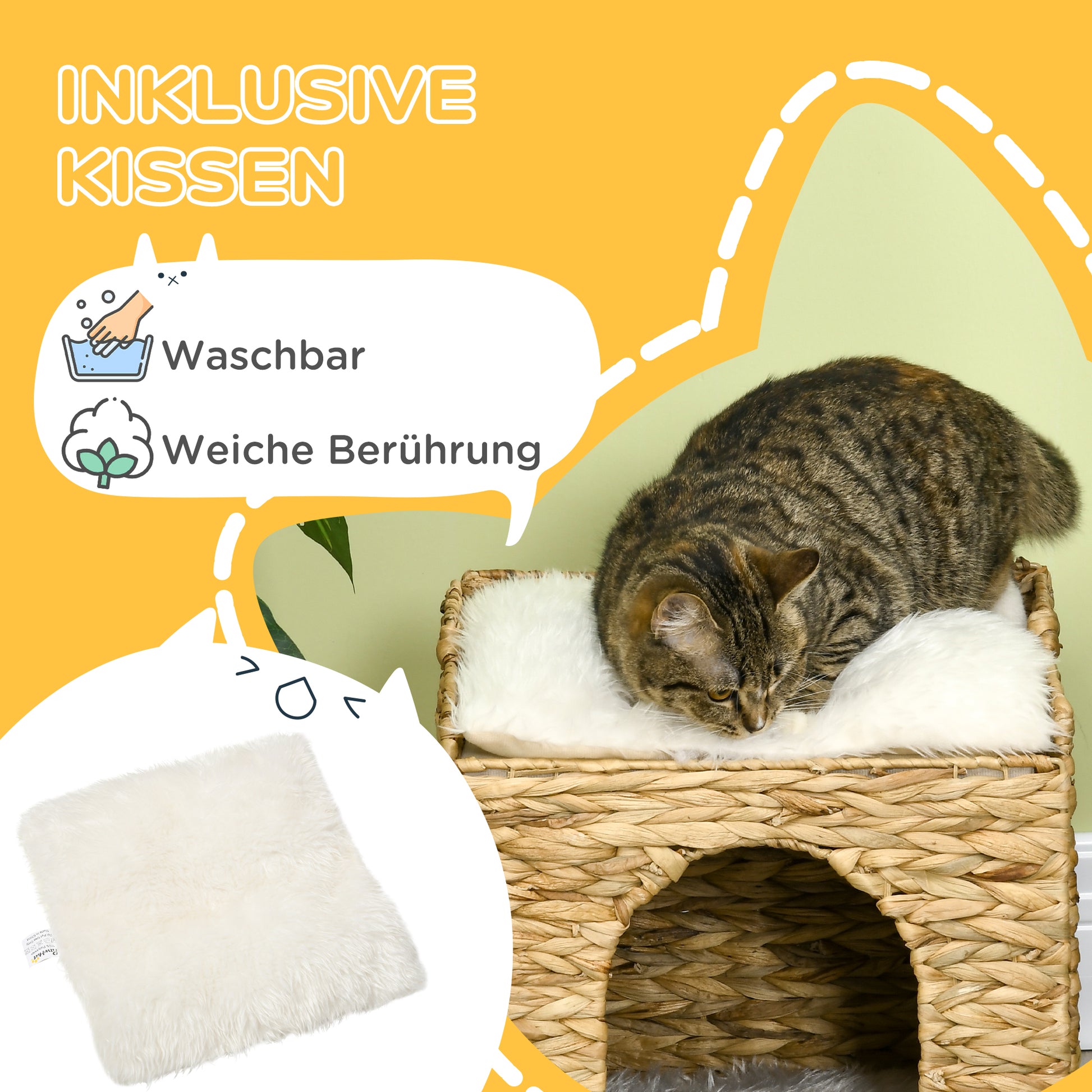 Rattan Cat House, Cat Cave with Cushion, Cat Cottage with 2 Levels, Cat Bed, Cat Basket for Cats up to 5 kg, Water Hyacinth Grass, 37.5 x 37.5 x 41.5 cm, Brown