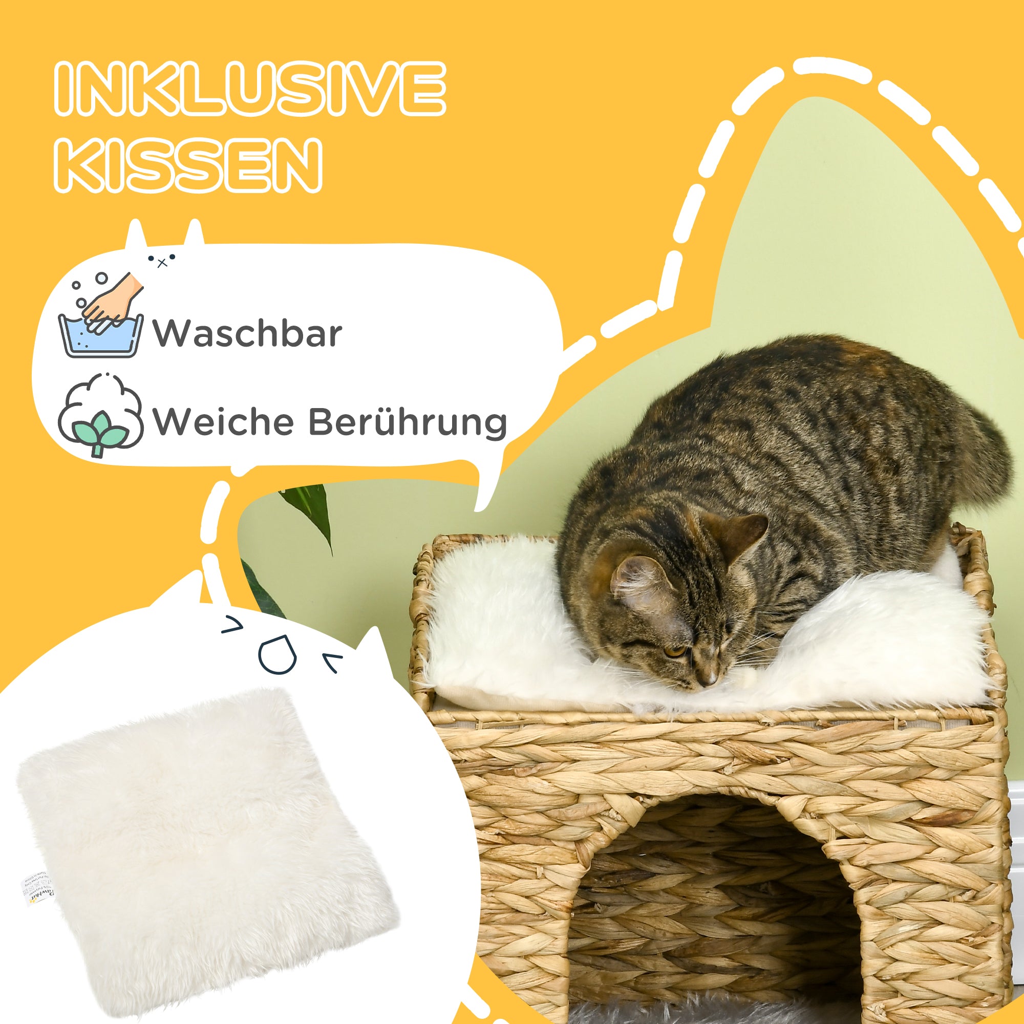 Rattan Cat House, Cat Cave with Cushion, Cat Cottage with 2 Levels, Cat Bed, Cat Basket for Cats up to 5 kg, Water Hyacinth Grass, 37.5 x 37.5 x 41.5 cm, Brown