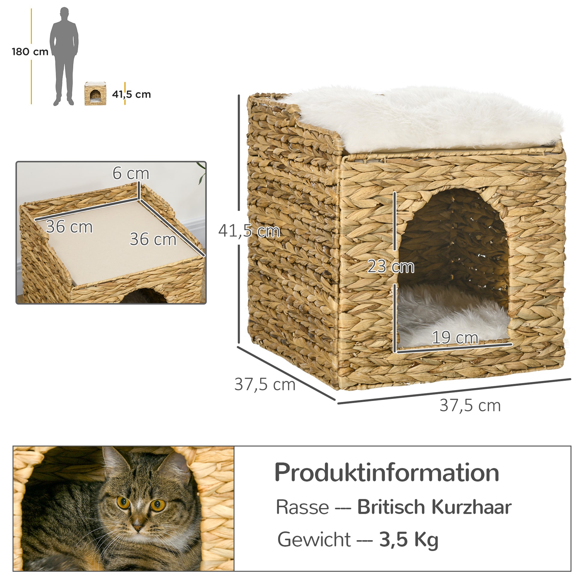 Rattan Cat House, Cat Cave with Cushion, Cat Cottage with 2 Levels, Cat Bed, Cat Basket for Cats up to 5 kg, Water Hyacinth Grass, 37.5 x 37.5 x 41.5 cm, Brown