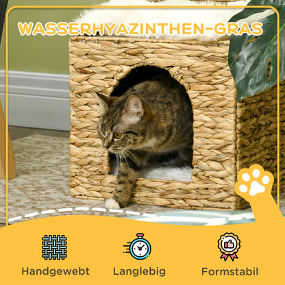 Rattan Cat House, Cat Cave with Cushion, Cat Cottage with 2 Levels, Cat Bed, Cat Basket for Cats up to 5 kg, Water Hyacinth Grass, 37.5 x 37.5 x 41.5 cm, Brown