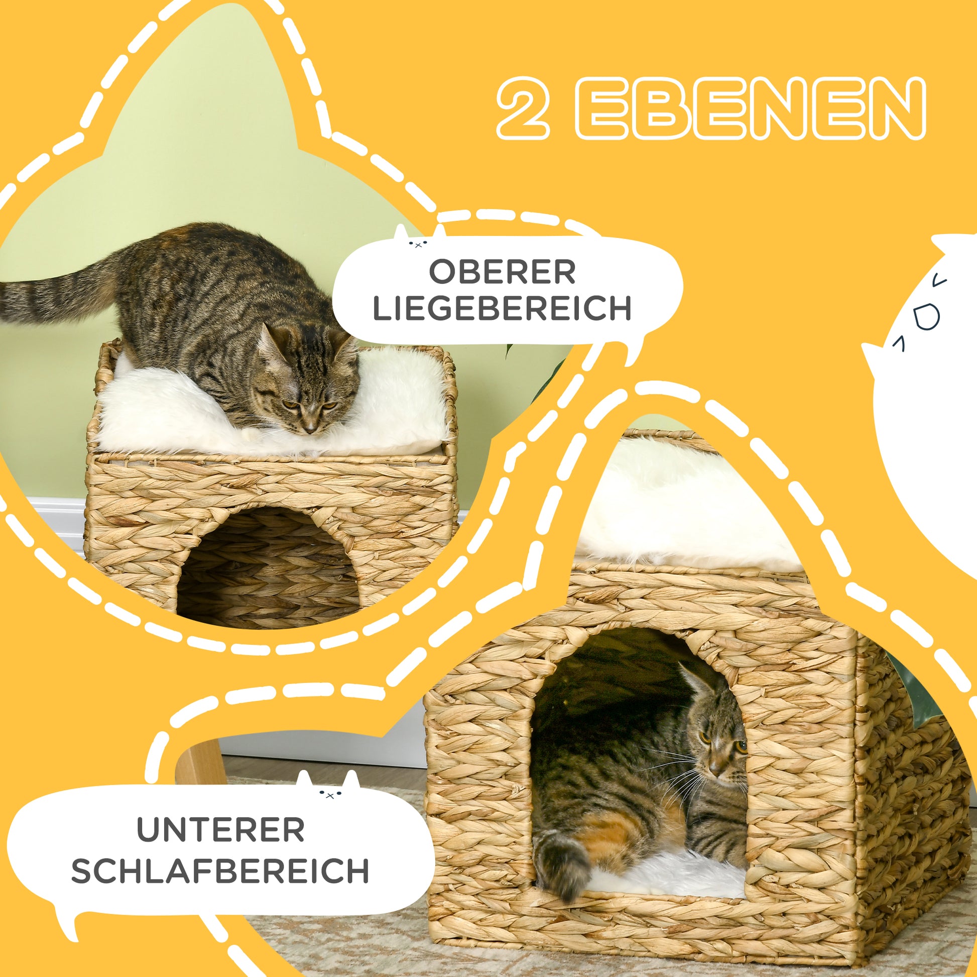 Rattan Cat House, Cat Cave with Cushion, Cat Cottage with 2 Levels, Cat Bed, Cat Basket for Cats up to 5 kg, Water Hyacinth Grass, 37.5 x 37.5 x 41.5 cm, Brown