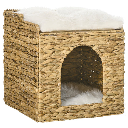 Rattan Cat House, Cat Cave with Cushion, Cat Cottage with 2 Levels, Cat Bed, Cat Basket for Cats up to 5 kg, Water Hyacinth Grass, 37.5 x 37.5 x 41.5 cm, Brown